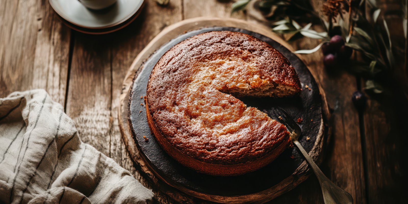 Delicious homemade cake on wooden table with coffee cup and cozy atmosphere in warm afternoon light